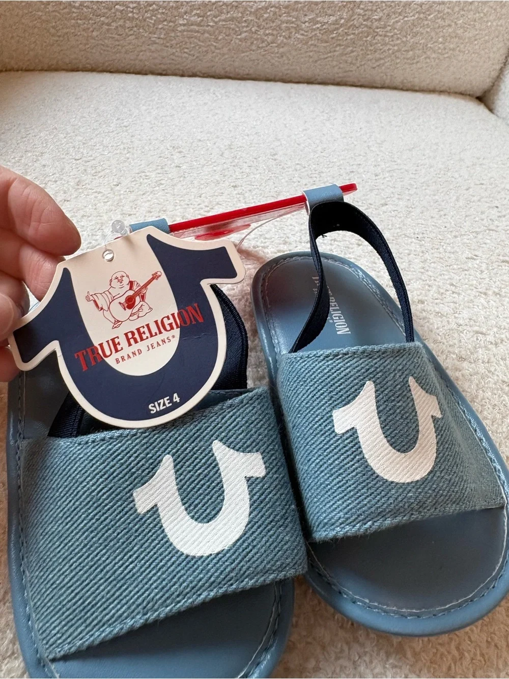 True Religion Blue Toddler Slide Sandals with White Horseshoe